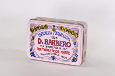Scatola (rosa) con torroncini bianchi friabili con nocciole (100 g)