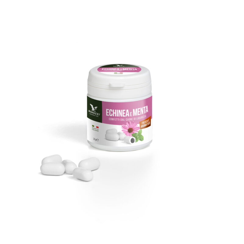 ECHINACEA e MENTA, confetti con anima di liquirizia al gusto di echinacea e menta in barattolo di plastica (30 g)