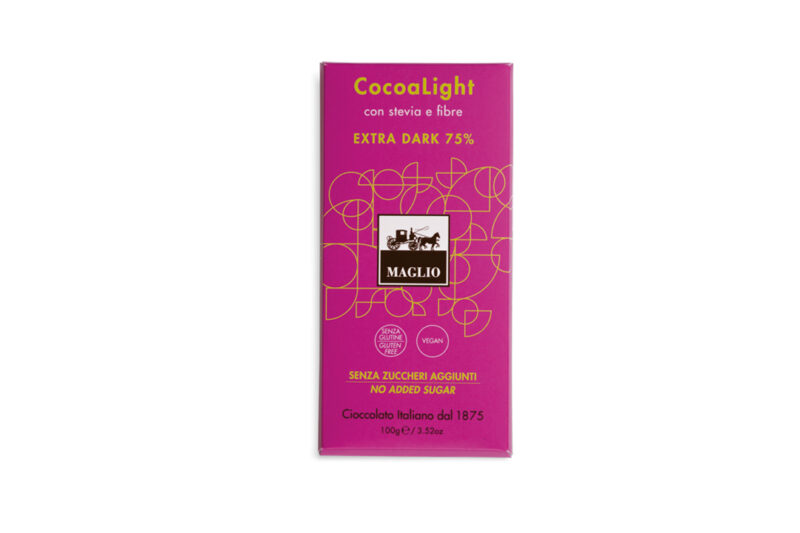 CocoaLight, tavoletta senza zuccheri aggiunti, con stevia e fibre. Fondente con 75% cacao (100 g)