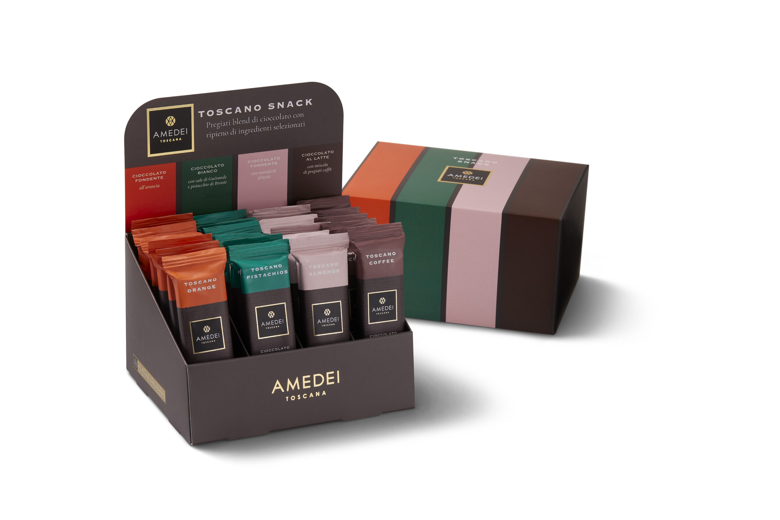 TOSCANO SNACKS, Expo 24 (6x4) gusti assortiti (pistacchio, mandorla, arancia, caffè) (4x6 à 20 g)