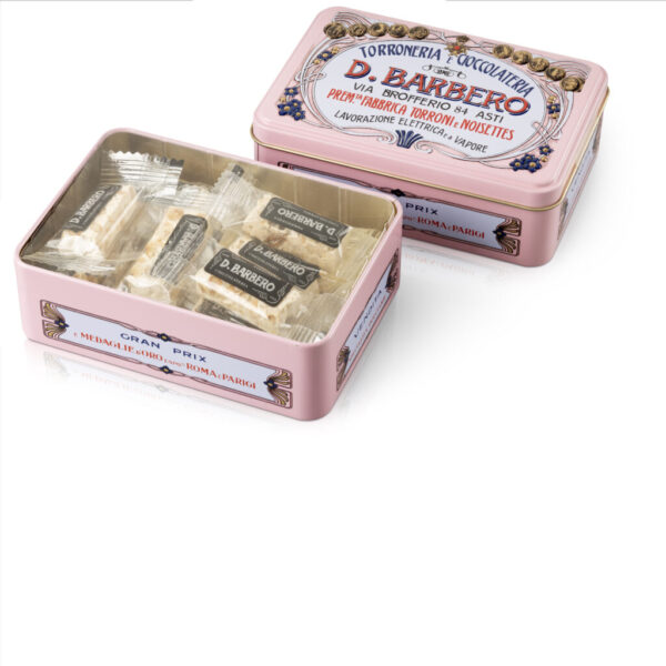 Scatola (rosa) con torroncini bianchi friabili con nocciole (100 g)